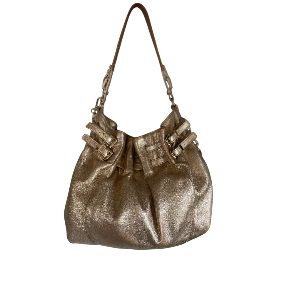 Michael Kors Gold Metallic Leather Hobo Shoulder Bag Buckle Detail Gold Hardware